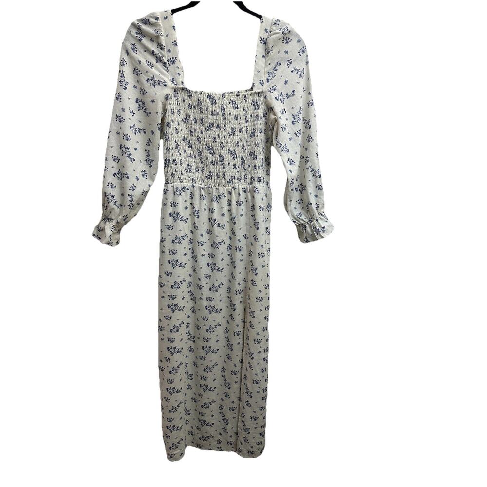 House of Harlow Womens 1960 Linen Blend Blue Floral Smocked Midi Lined Small